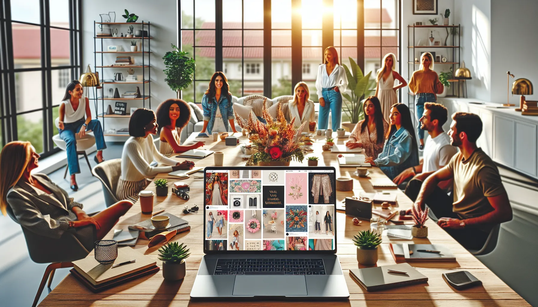 diverse team collaborating on social media content in a modern office.