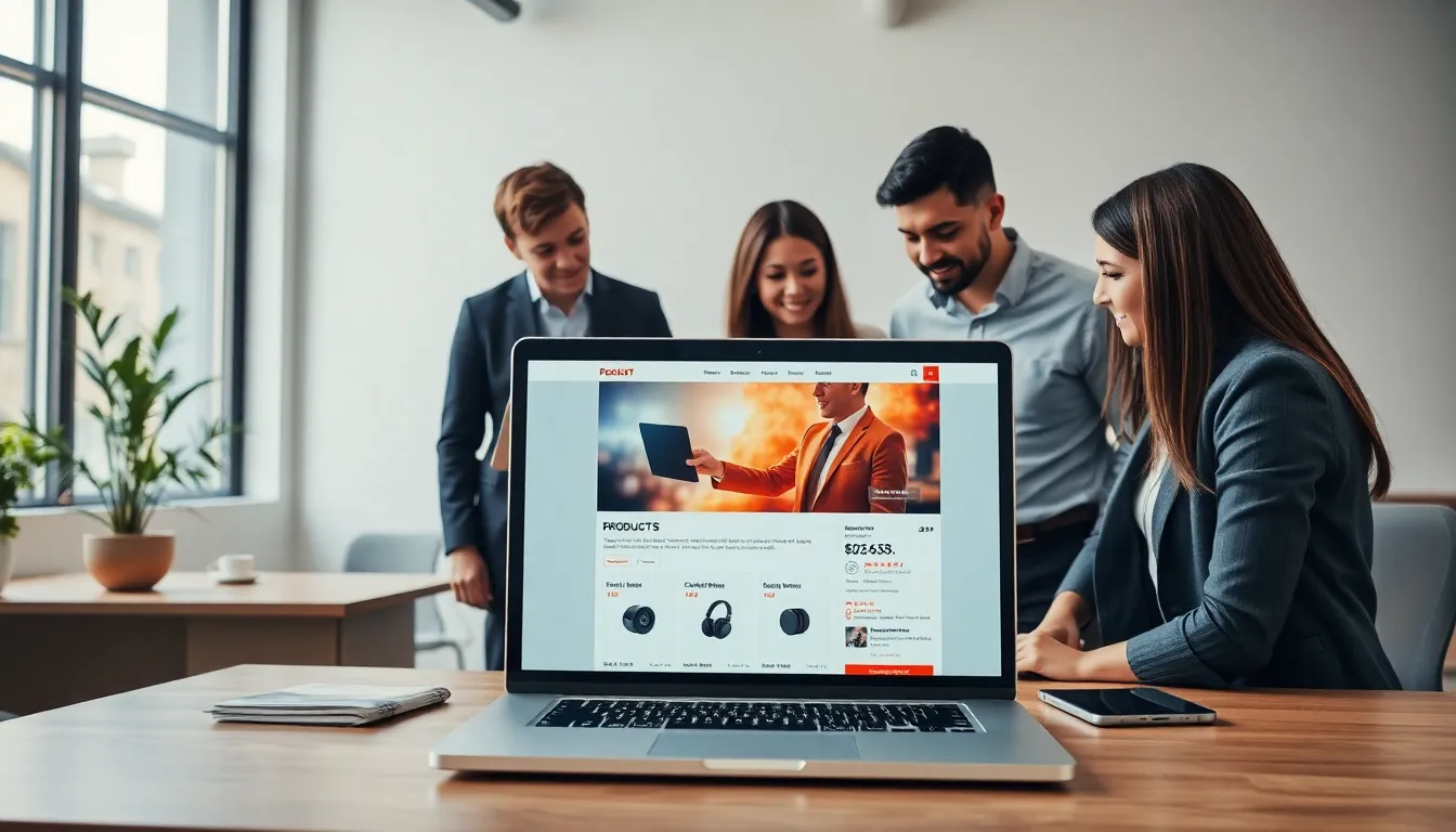 modern product page design on a laptop in a stylish office setting.