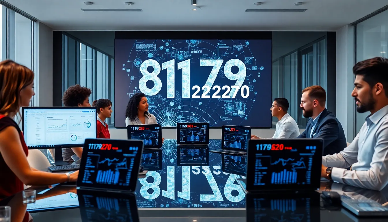 team discussing data in a modern office setting.