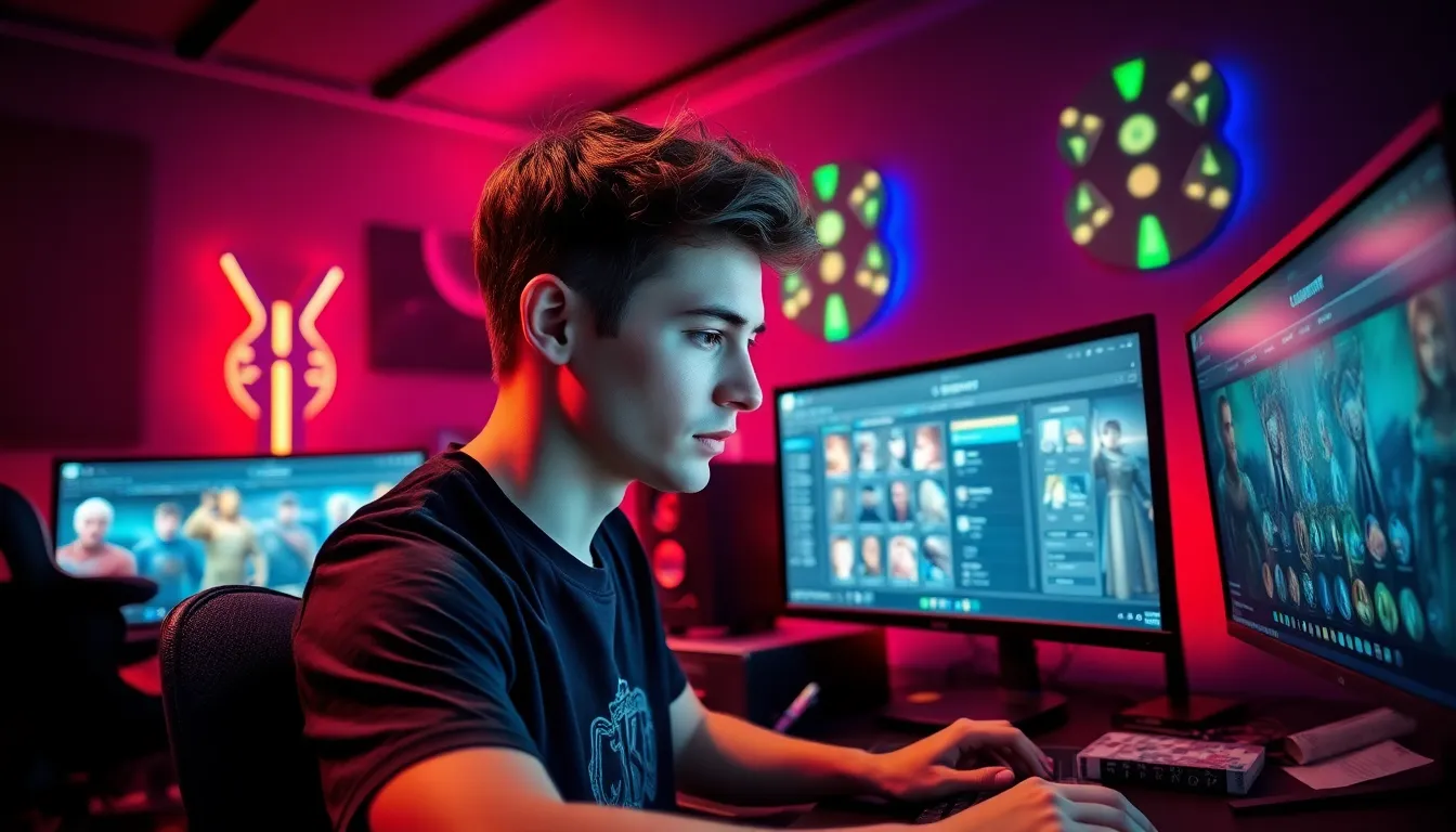 a gamer using CK2Generator software in a vibrant gaming room.