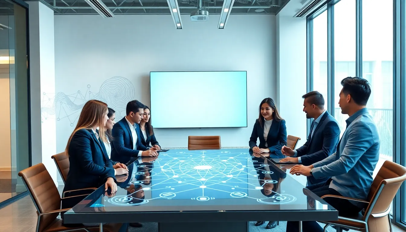 professionals discussing blockchain technology in a modern office.