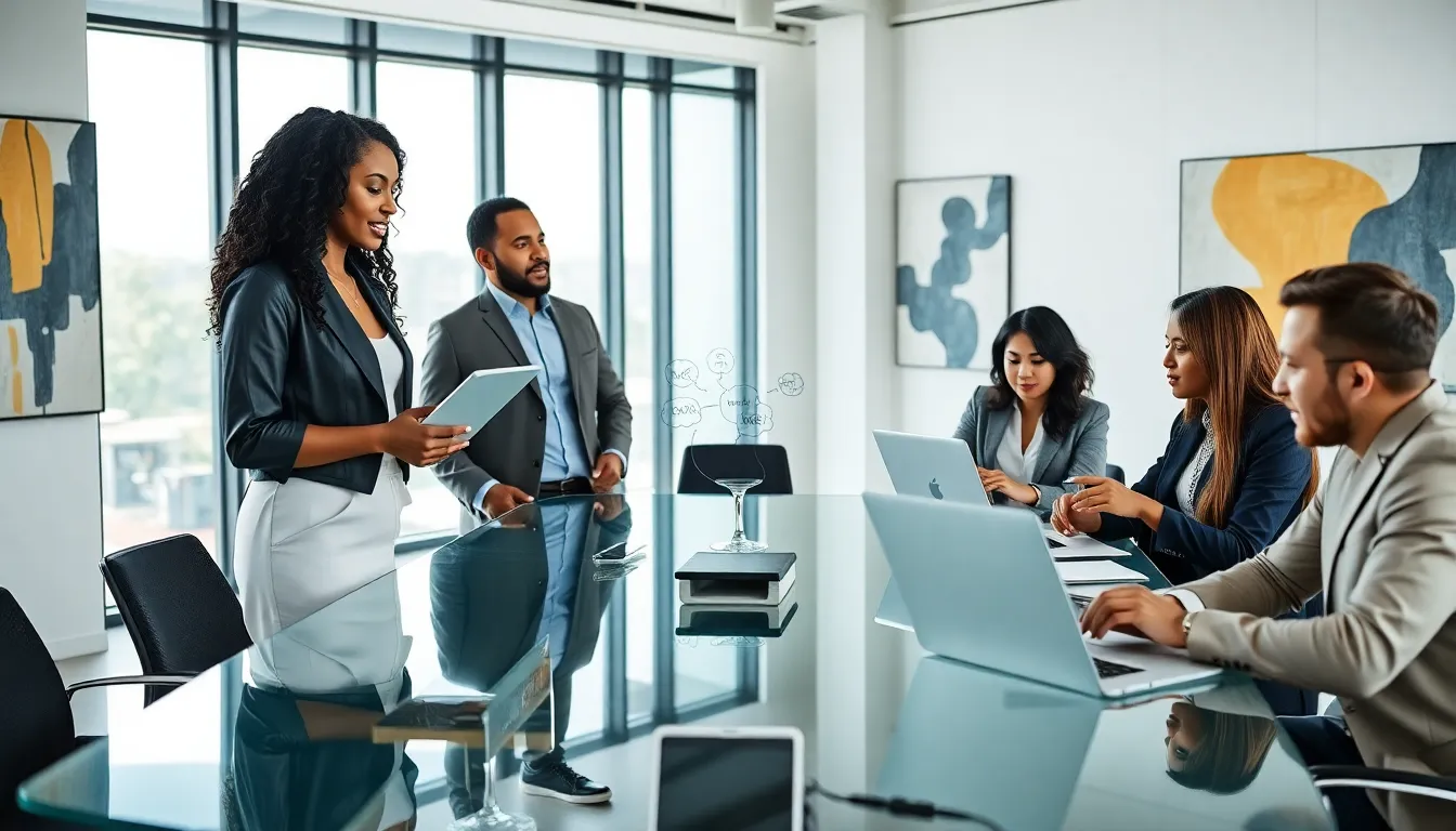 diverse team brainstorming in a modern office setting.