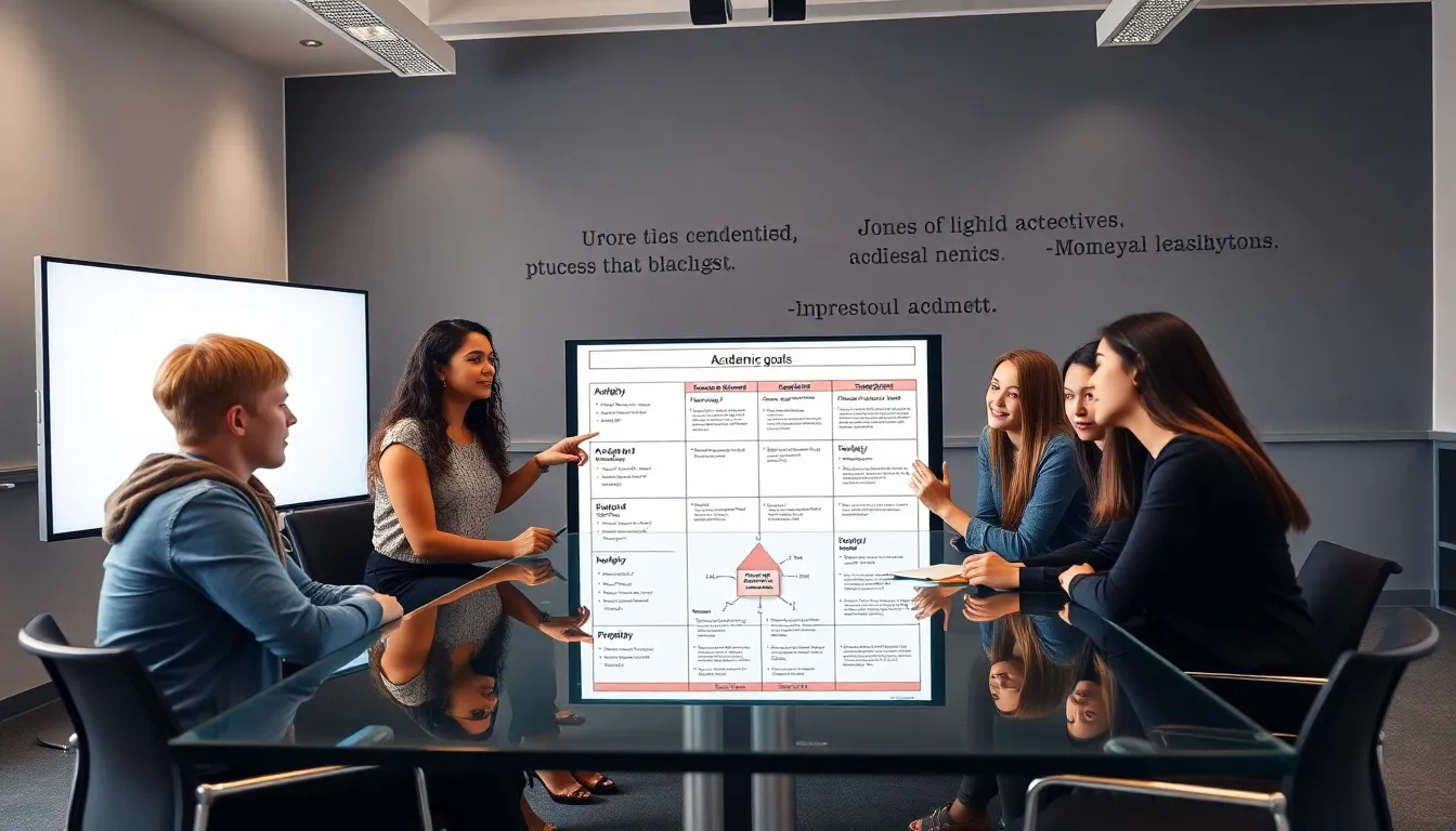 students discussing a goal-setting template in a modern classroom.