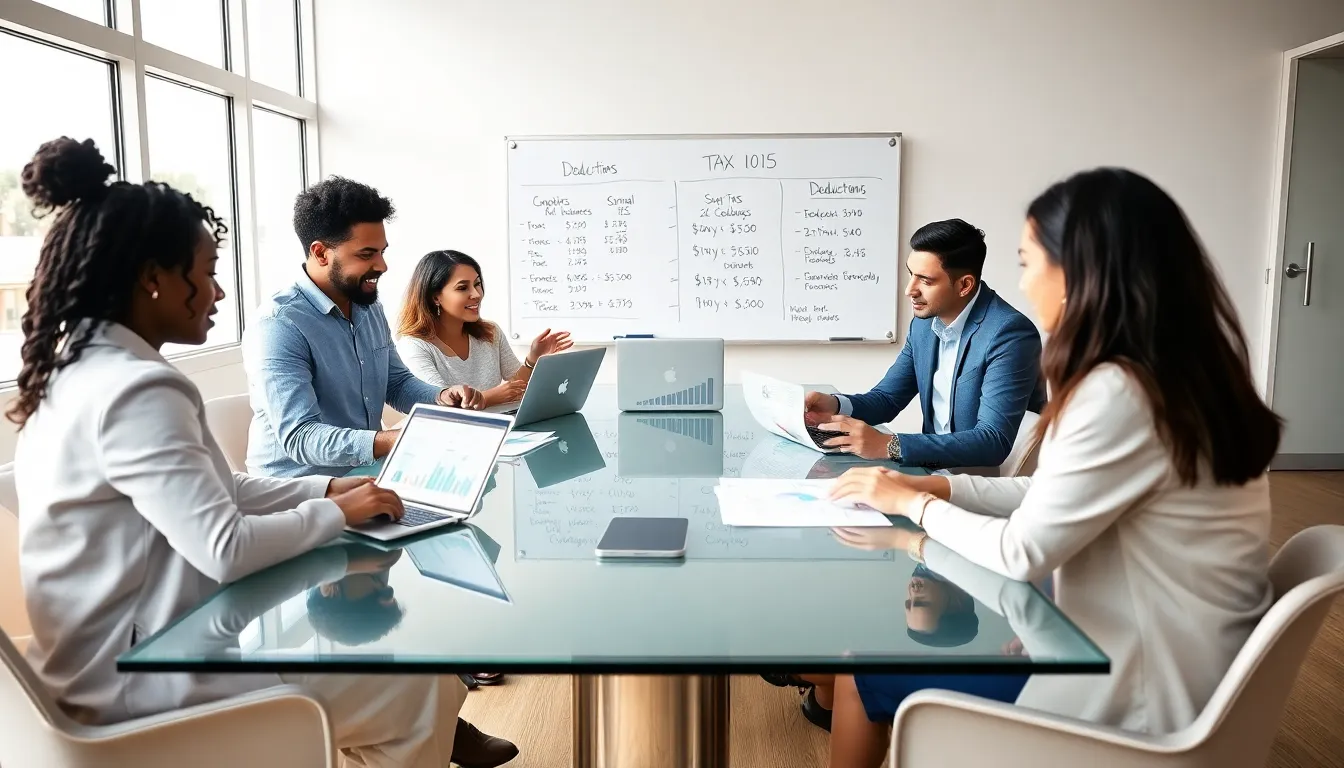 diverse finance team discussing tax strategies in a modern office.
