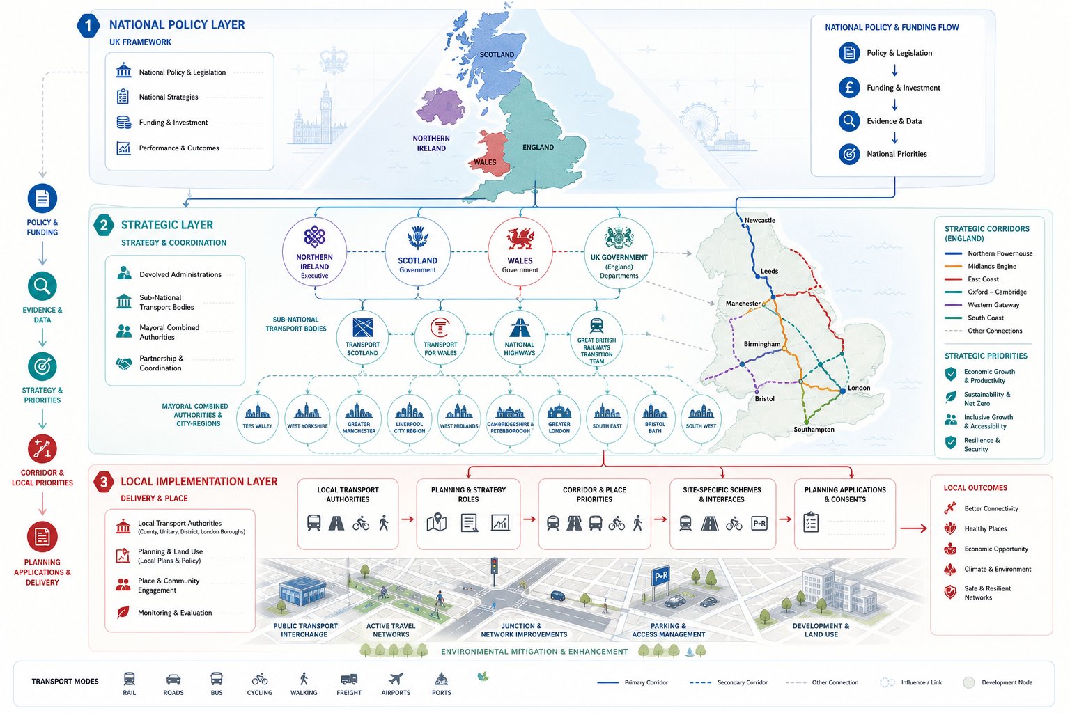 UK transport planning infographic showing national, regional, and local governance layers.
