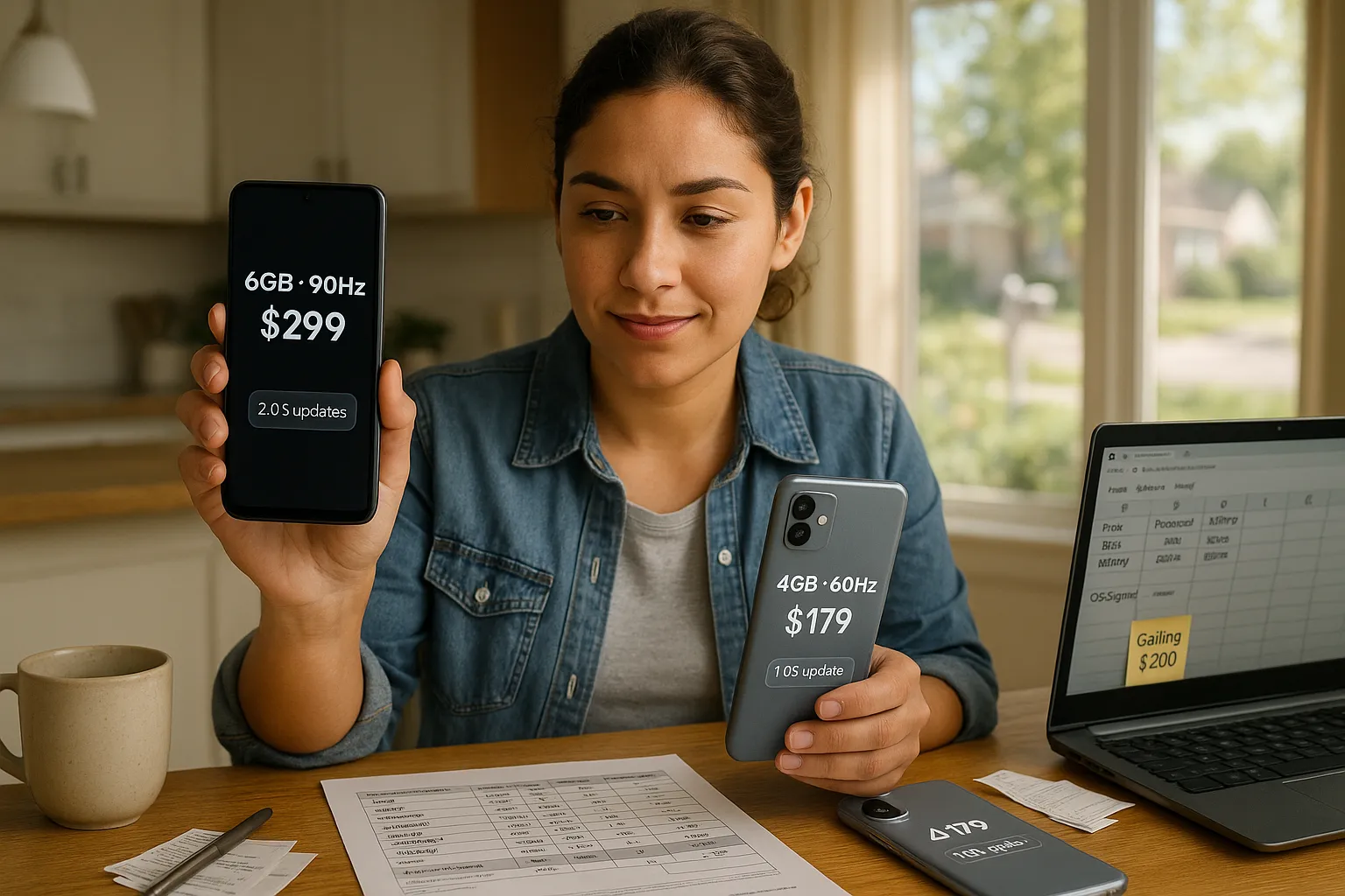 Person comparing two budget Android phones with price tags and specs.