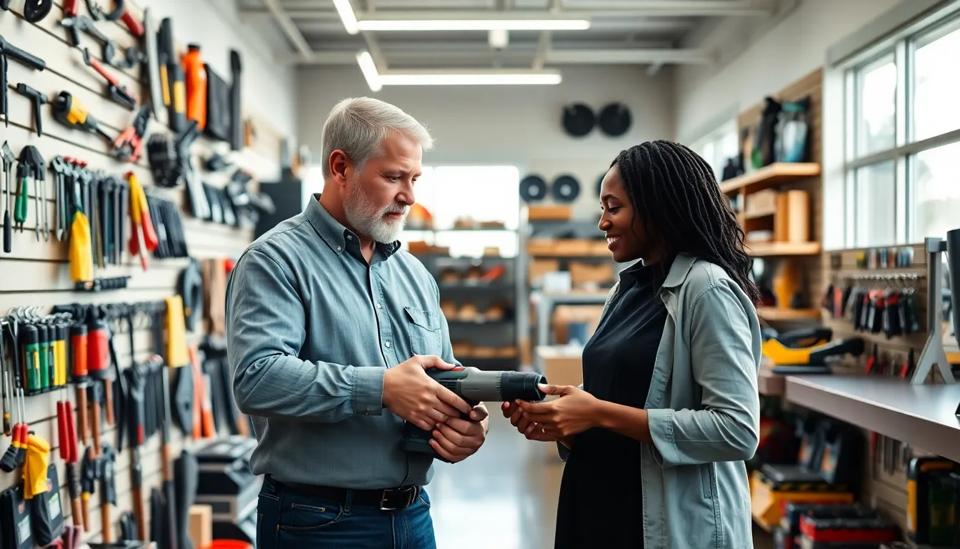 diverse group discussing tools in a modern hardware store.