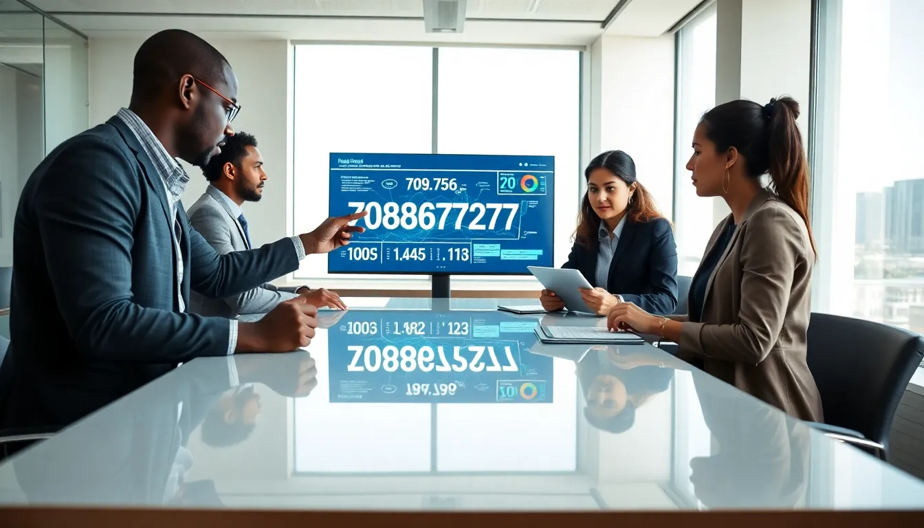 diverse team discussing data in a modern office setting.