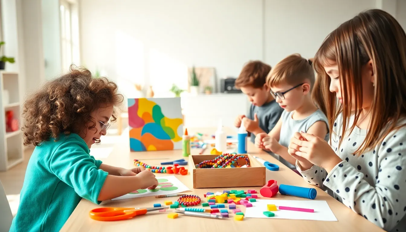 Children engaging in DIY craft activities at a creative workspace.