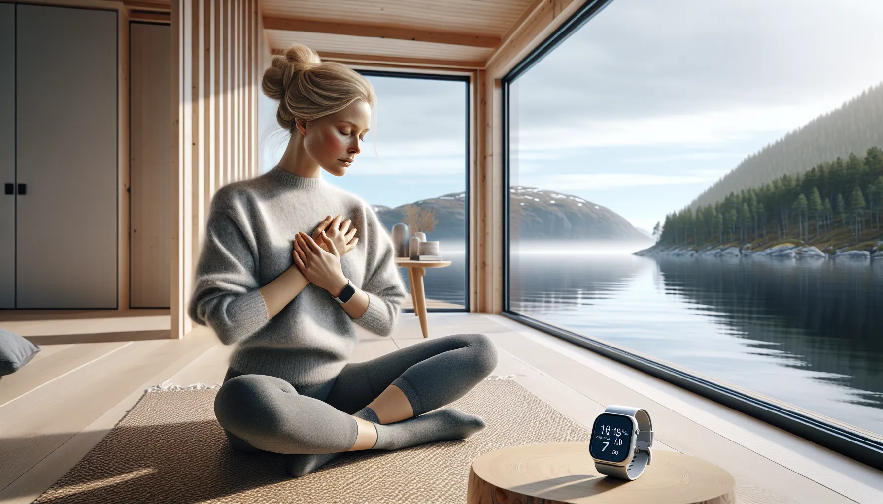 Norwegian woman meditating by fjord, smartwatch showing HRV, blood pressure monitor nearby.