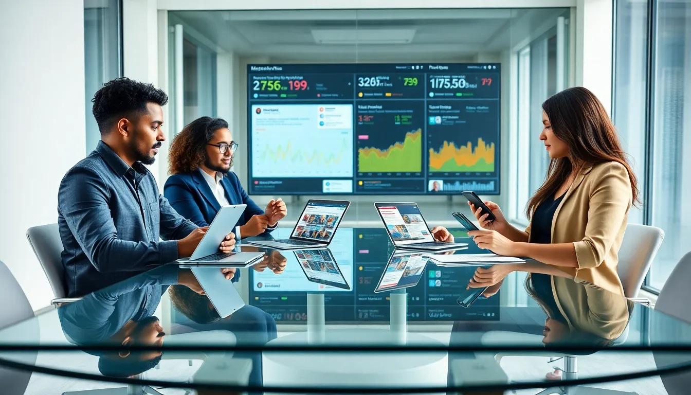 diverse team discussing fake news and social media in a modern office.