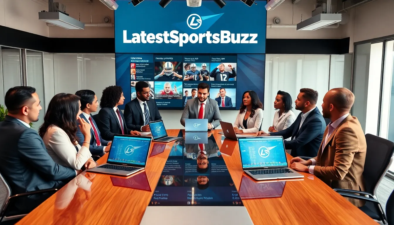 diverse sports journalists discussing in a modern office.