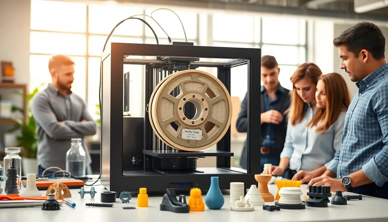 diverse team discussing nylon 3D printing in a modern office.
