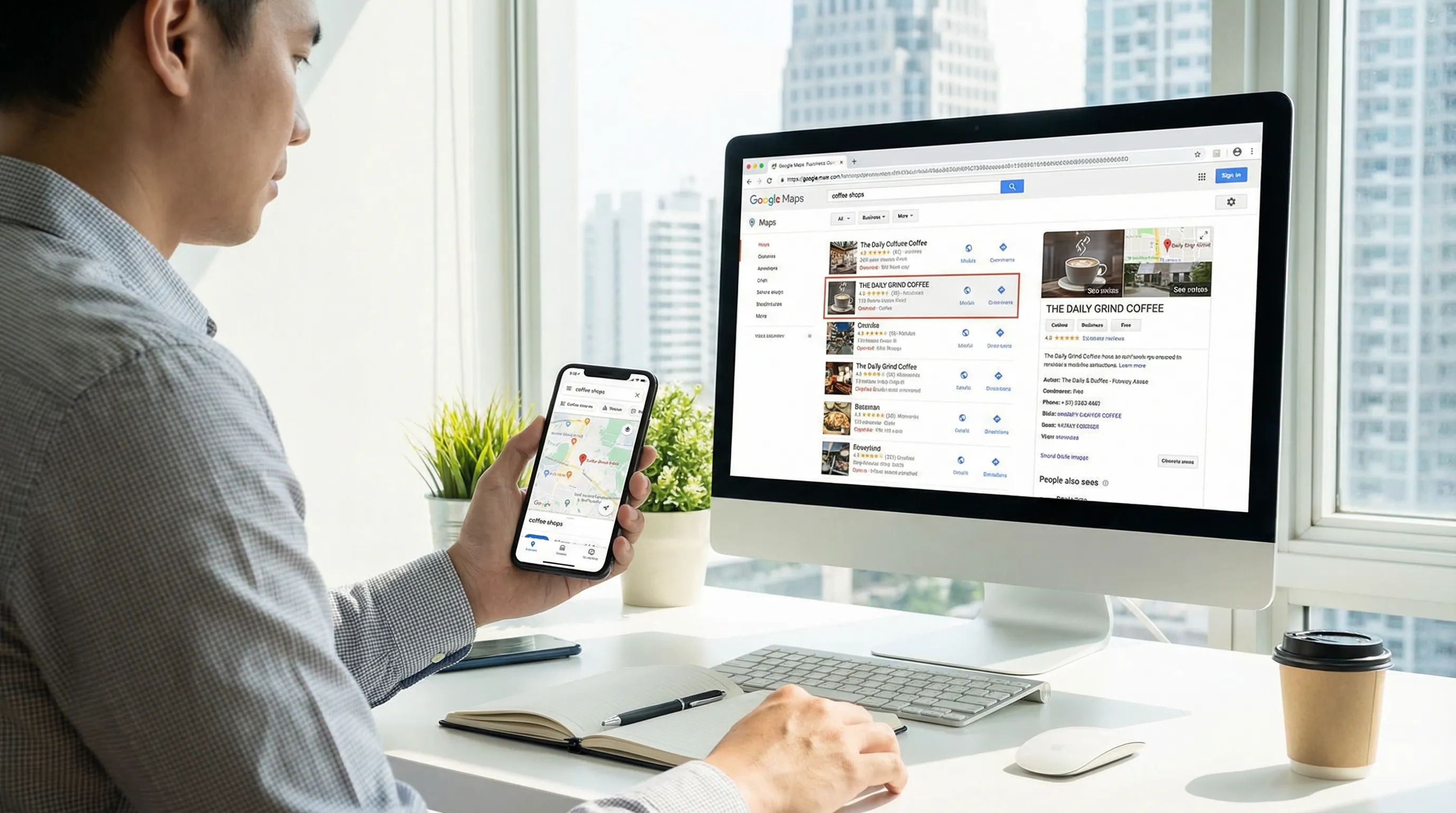 User viewing a business prominently highlighted in local map search results on a smartphone and desktop.