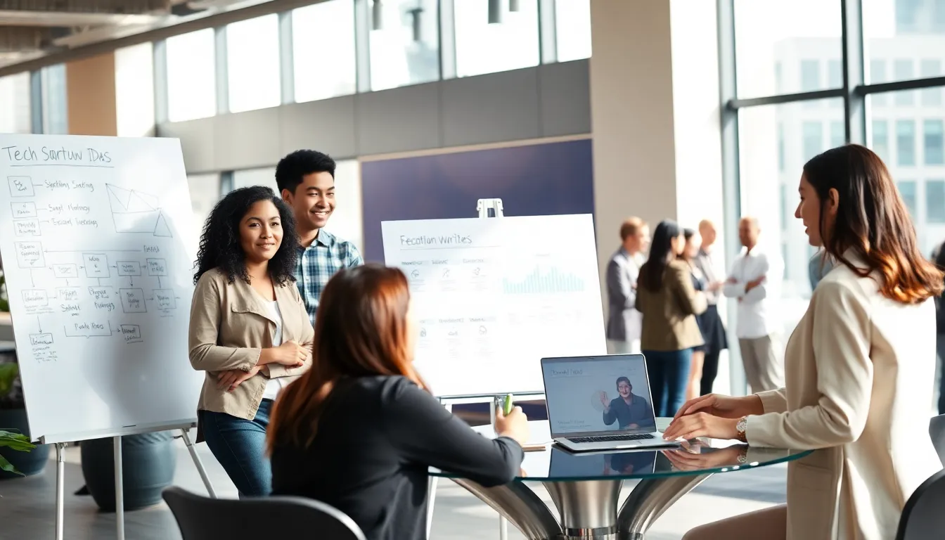 diverse entrepreneurs collaborating in a modern co-working space.