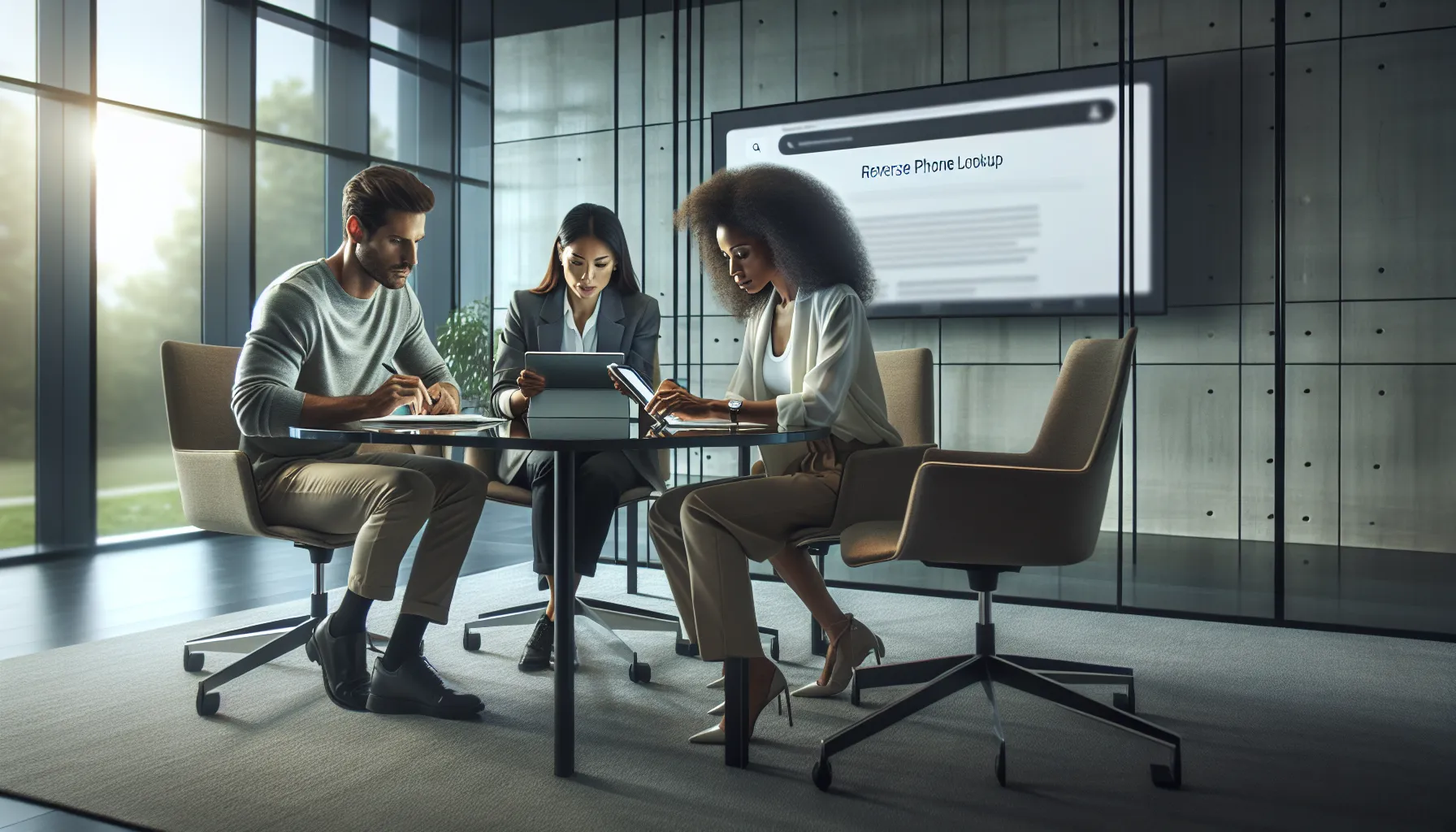 diverse team working together to identify a phone number in a modern office.