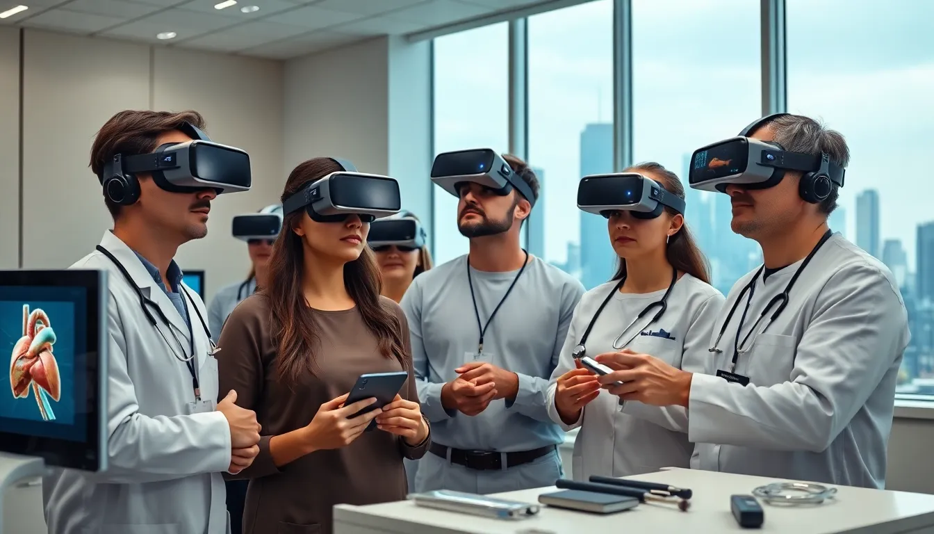 medical professionals training in surgical virtual reality technology.