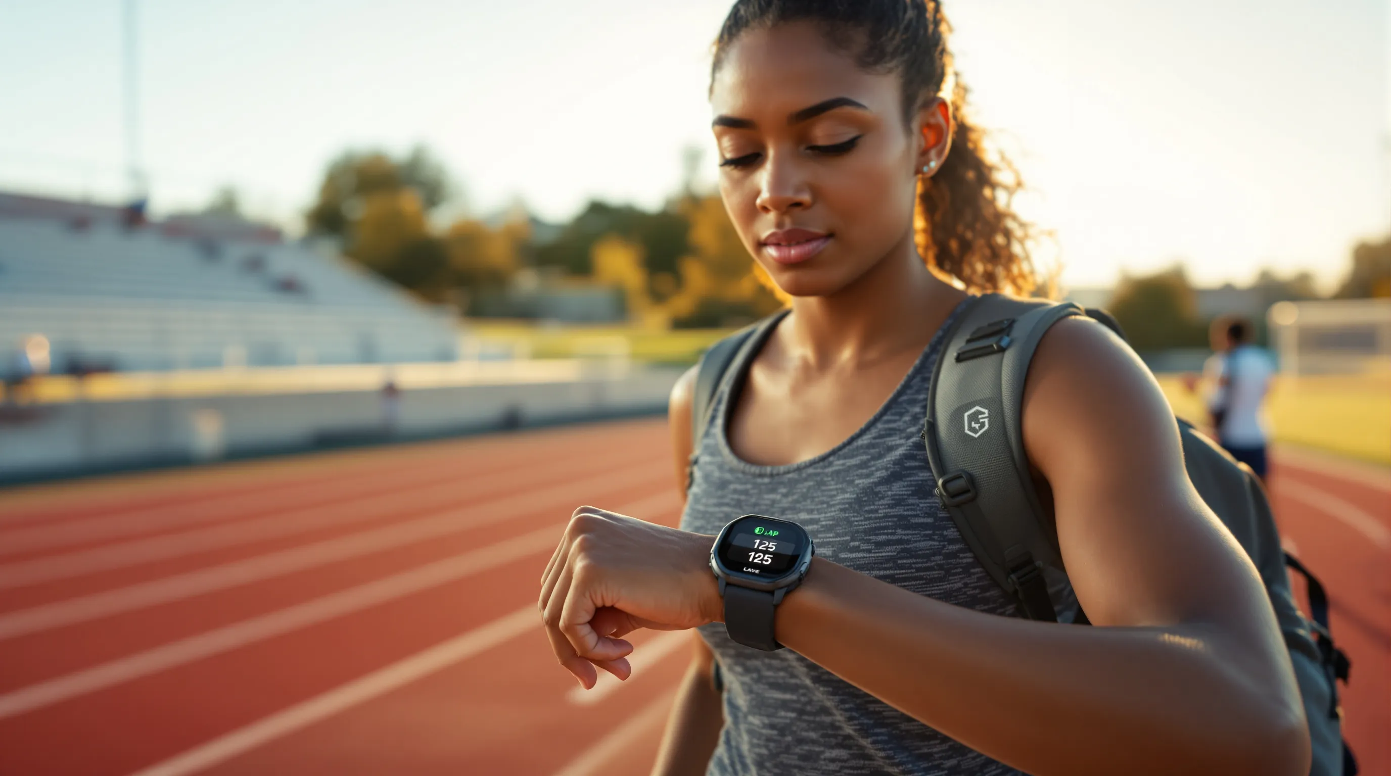 Teen runner checks bright Garmin watch for laps on a sunny school track.