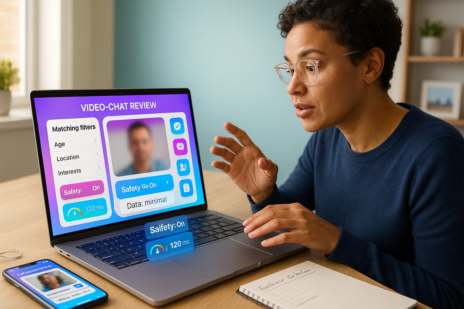Reviewer at laptop evaluating video chat UI with safety and filter icons.