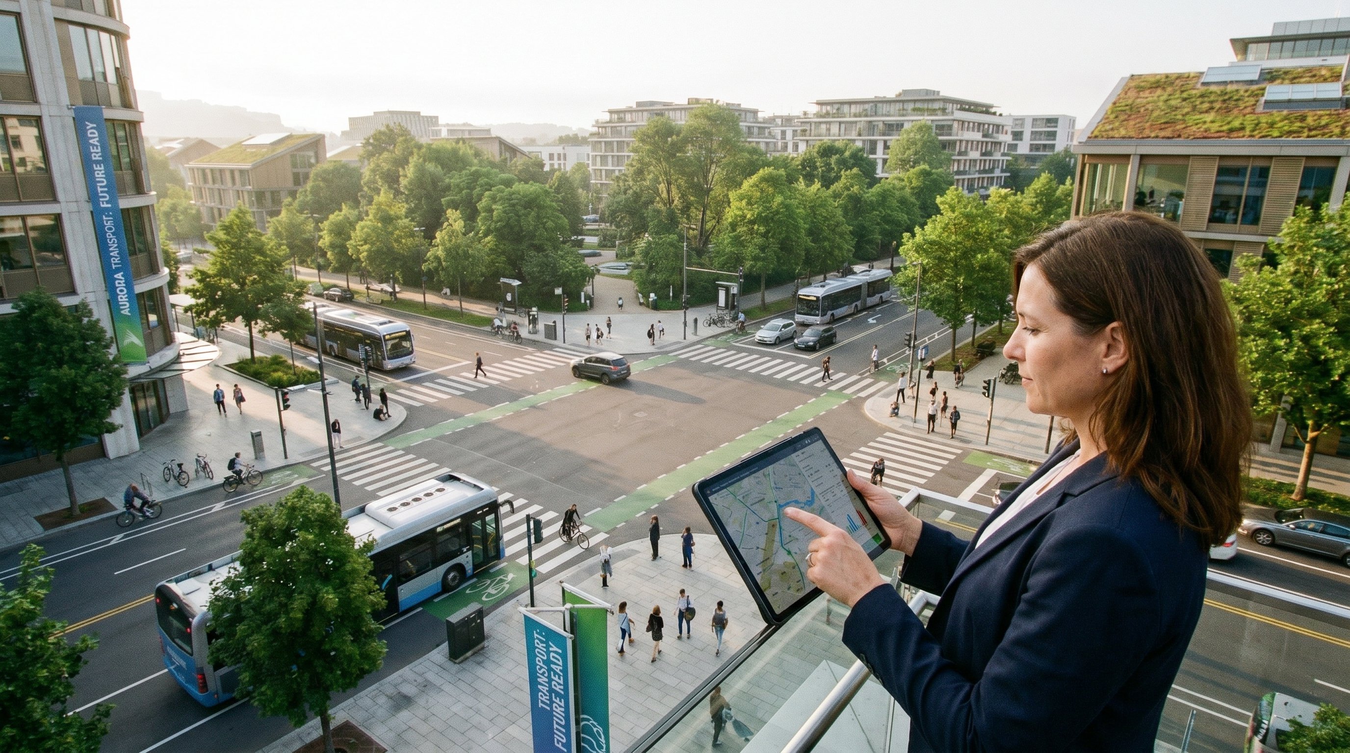 Transport planner using a tablet near a modern city intersection with buses, cyclists, pedestrians, and cars moving through a well-designed urban streetscape in soft morning light.