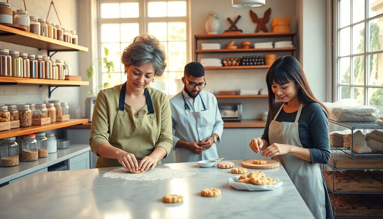 bakers creating cookies in a warm, inviting bakery setting.
