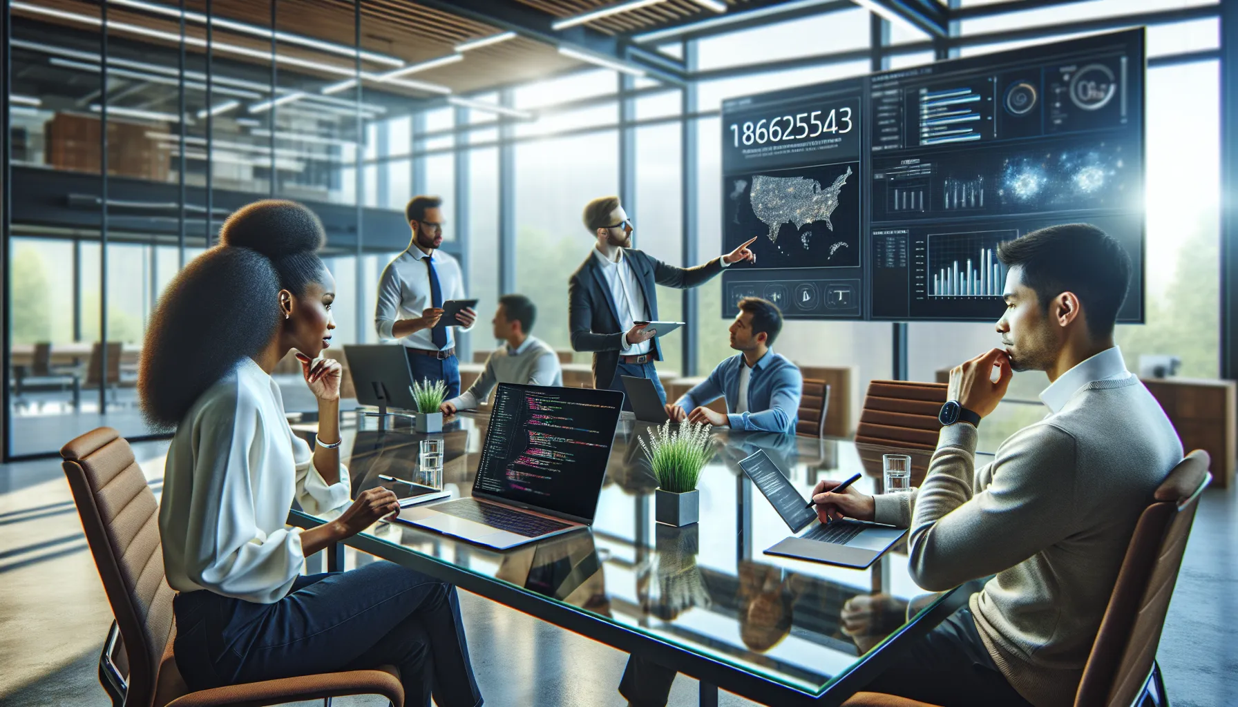 a diverse team discussing technical aspects in a modern office.