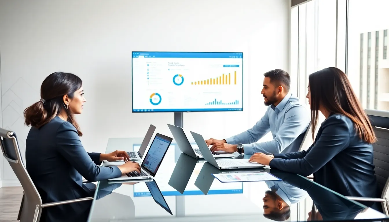 diverse professionals collaborating in a modern workspace using digital tools.