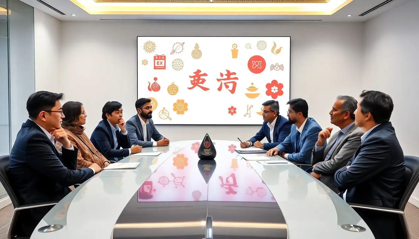 diverse professionals discussing cultural concepts in a modern office.