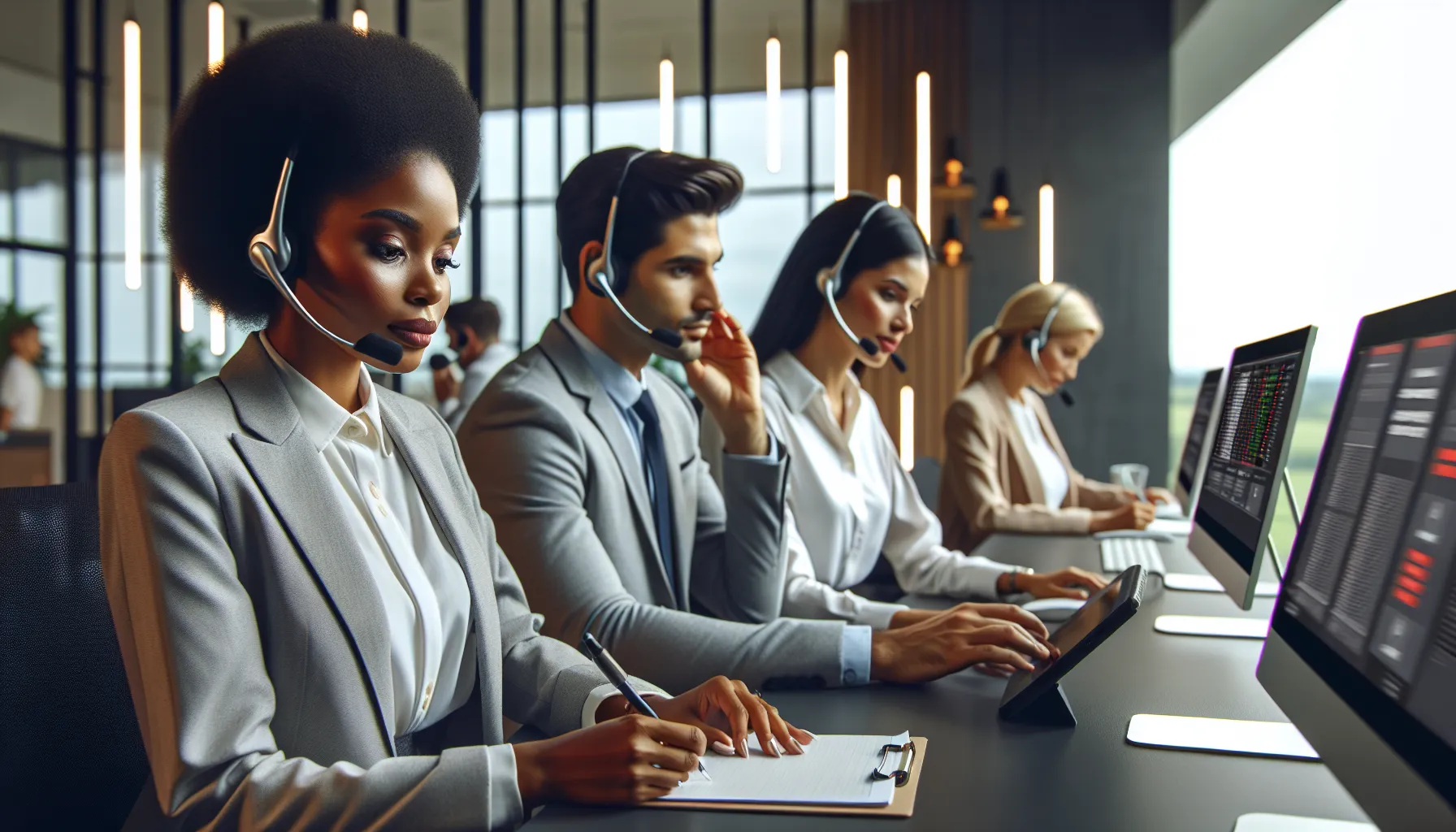 diverse customer service team assisting clients in a modern office.