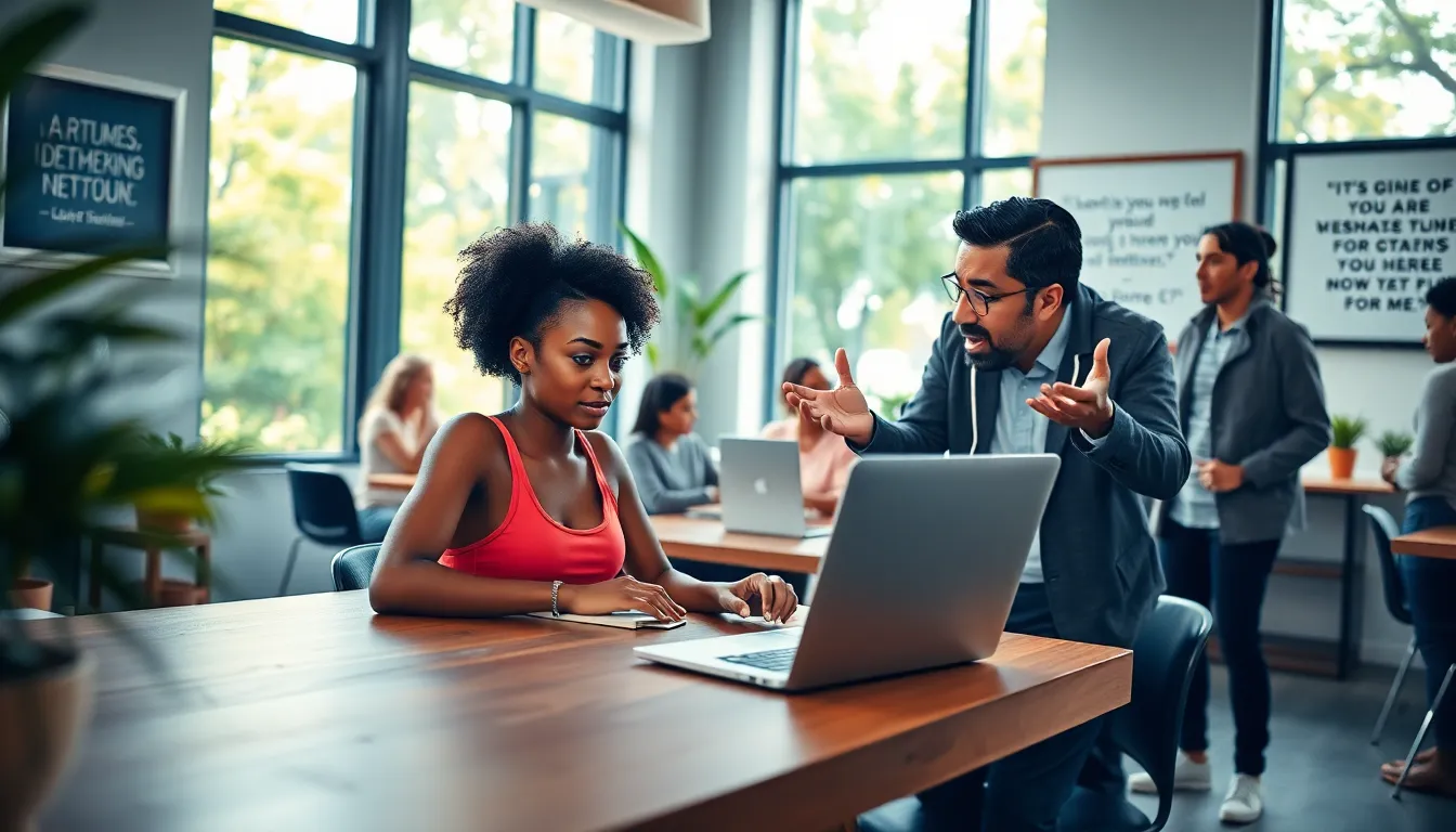 a group of diverse individuals collaborating in a bright co-working space.