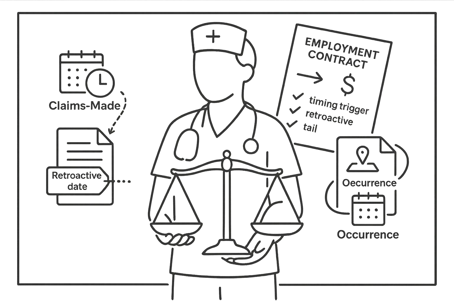 Nurse practitioner balancing scales labeled Claims-Made Vs Occurrence Coverage For Nurse Practitioners.