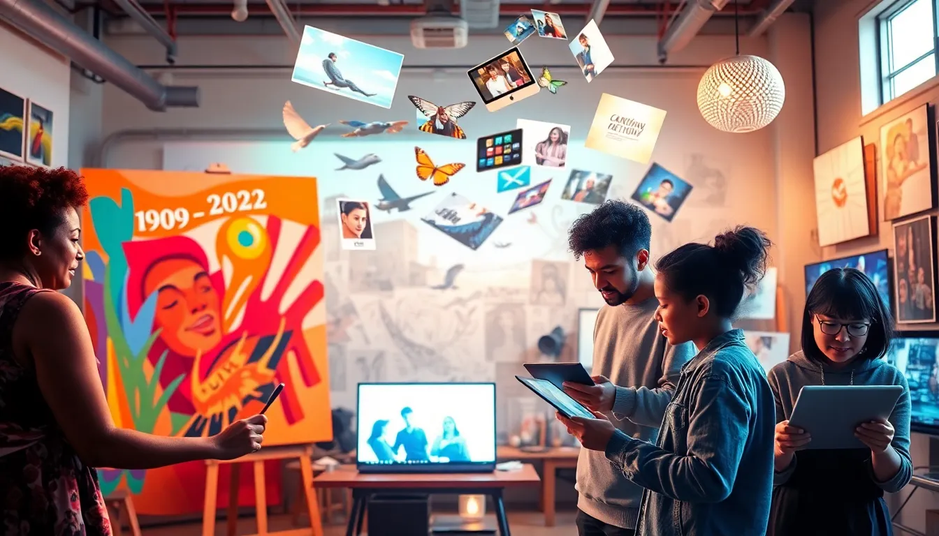 diverse artists collaborating in a vibrant digital art studio.