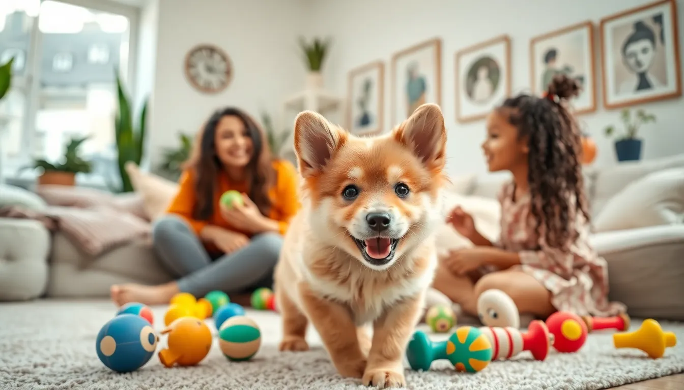 A playful Puppipappi with a family in a bright living room.