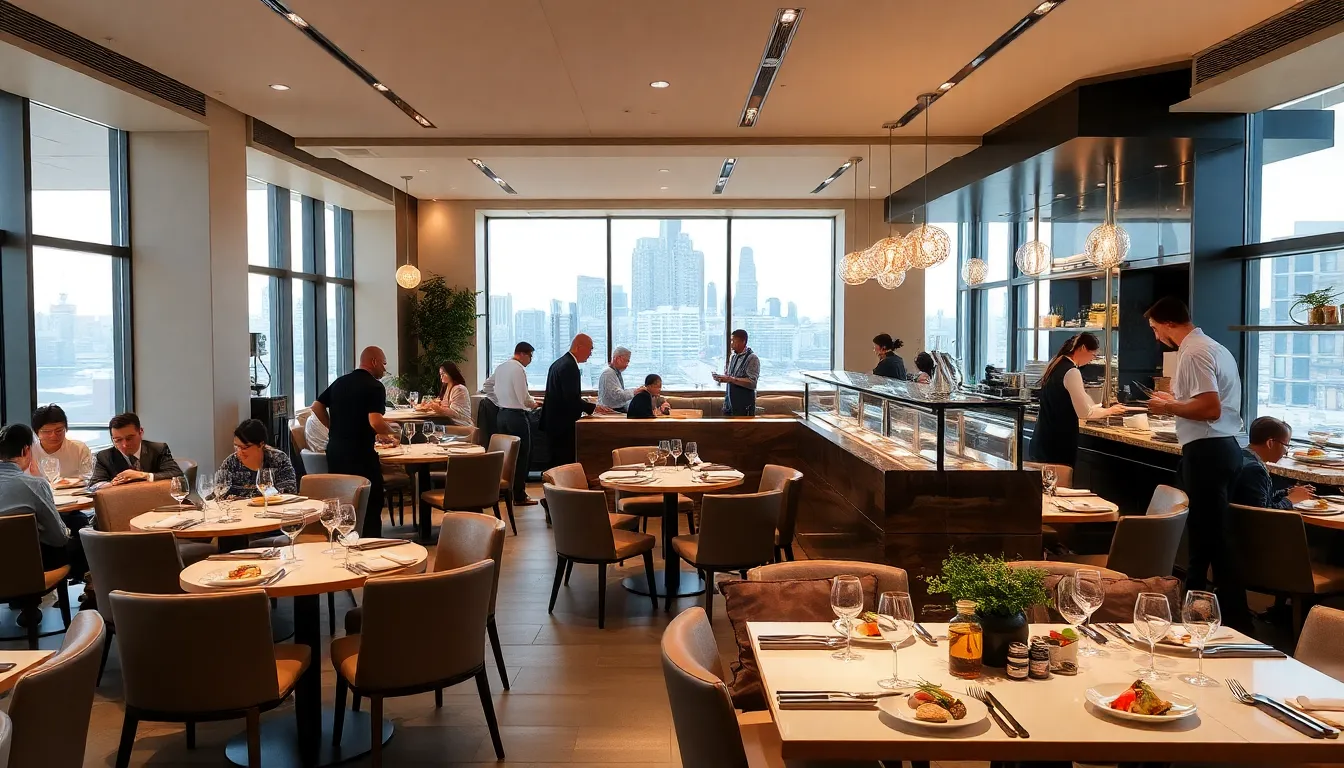 modern restaurant dining area with diverse staff and seasonal dishes.