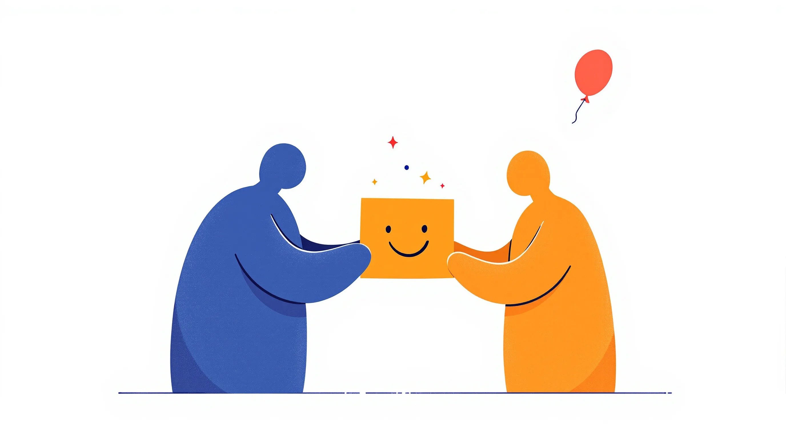 two friends exchanging a funny birthday card with a balloon