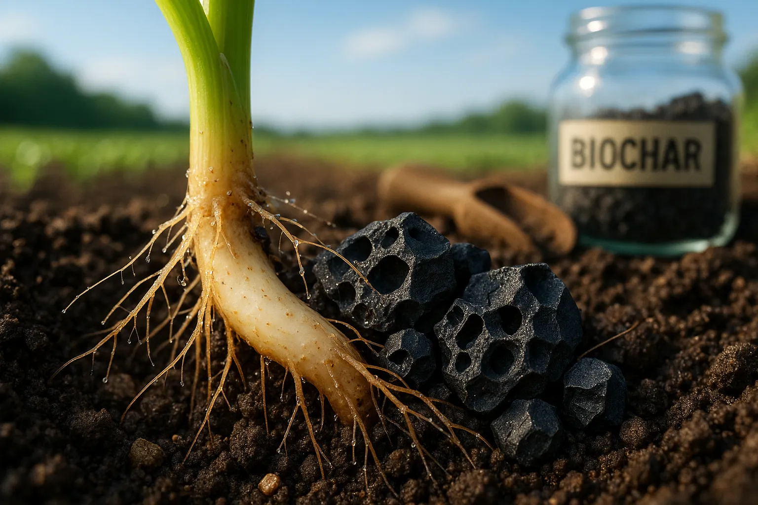 Close-up of a corn root with biochar and mycorrhizal fungal hyphae in soil.