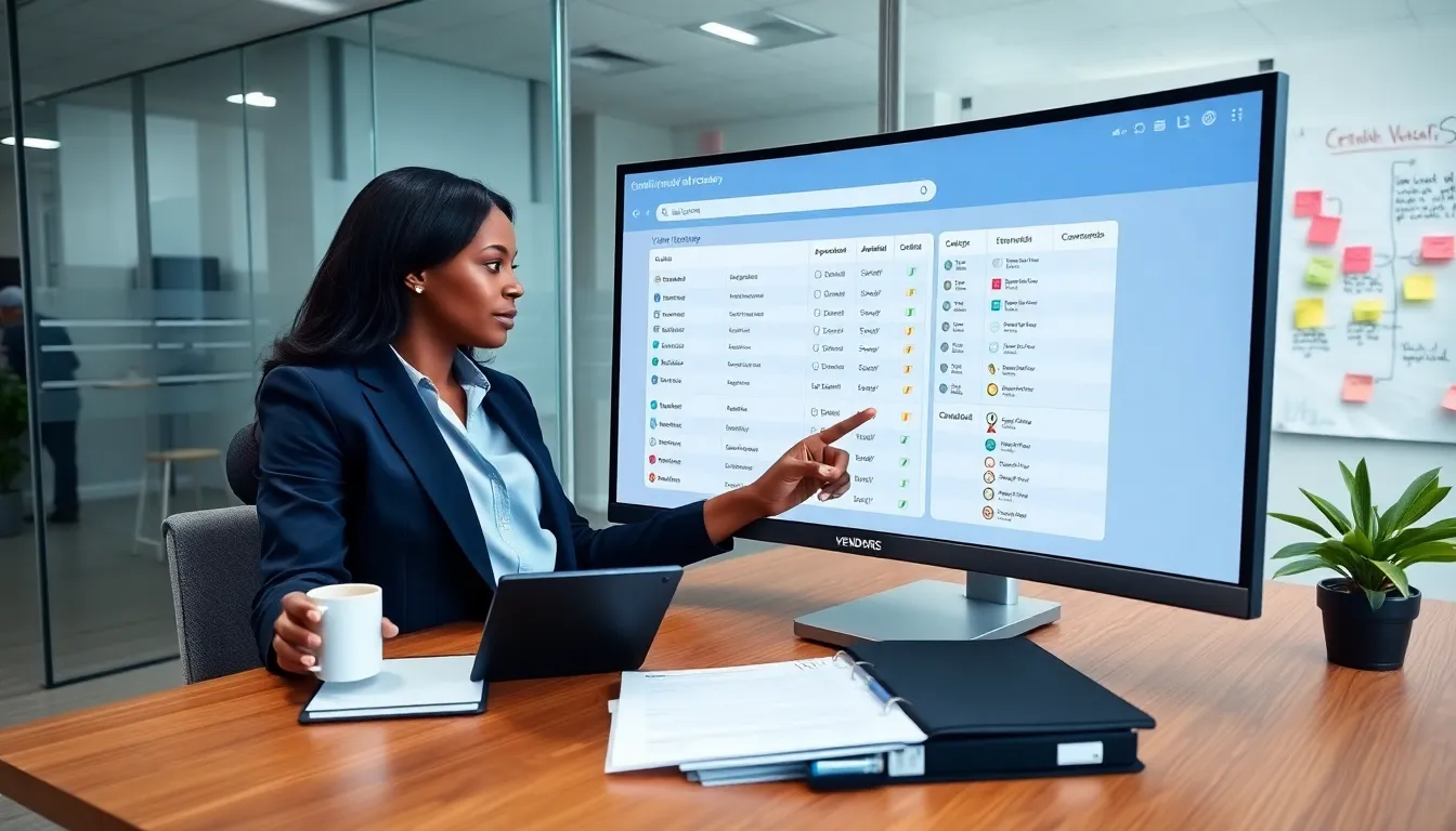 Procurement manager pointing at a vendor directory on a monitor, office scene