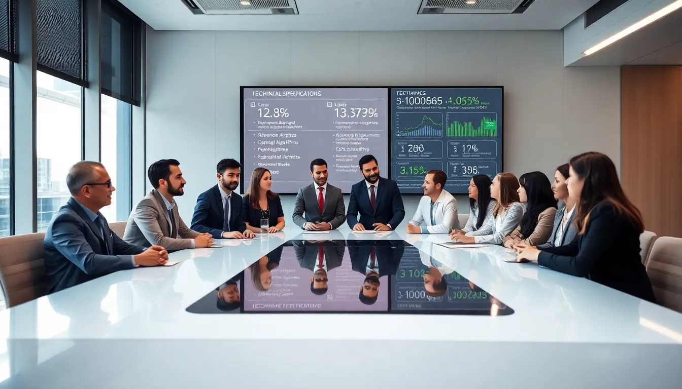 diverse team discussing technology specifications in a modern office.