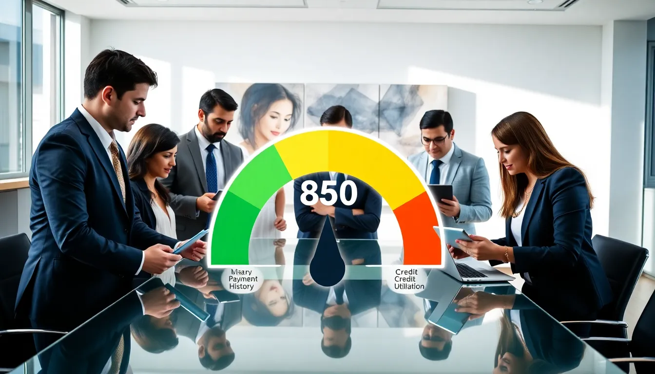 diverse professionals discussing credit scores in a modern office.