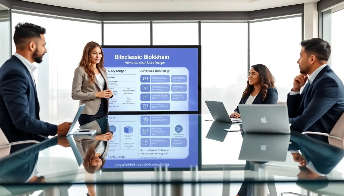 diverse team discussing Bitclassic Blockchain in a modern office.