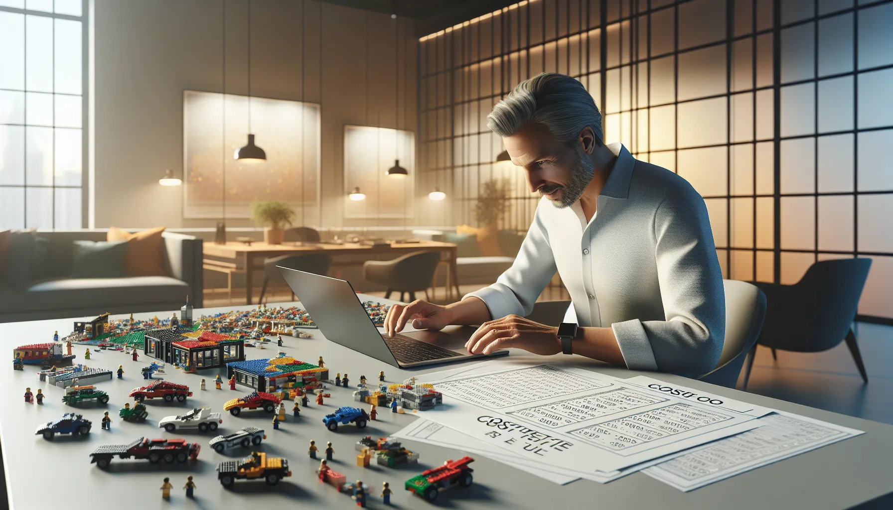 person calculating price per piece of Lego sets at a modern desk.