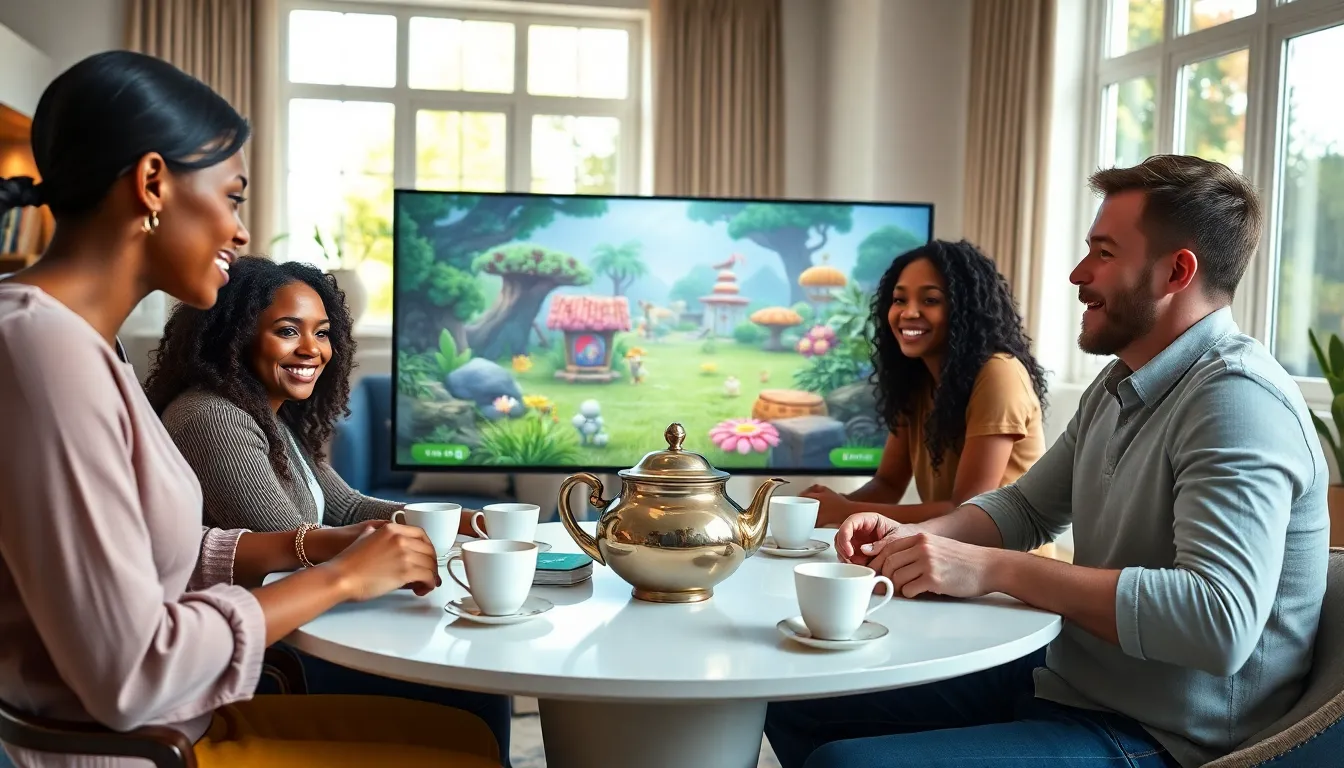 diverse group enjoying tea while playing a digital game.
