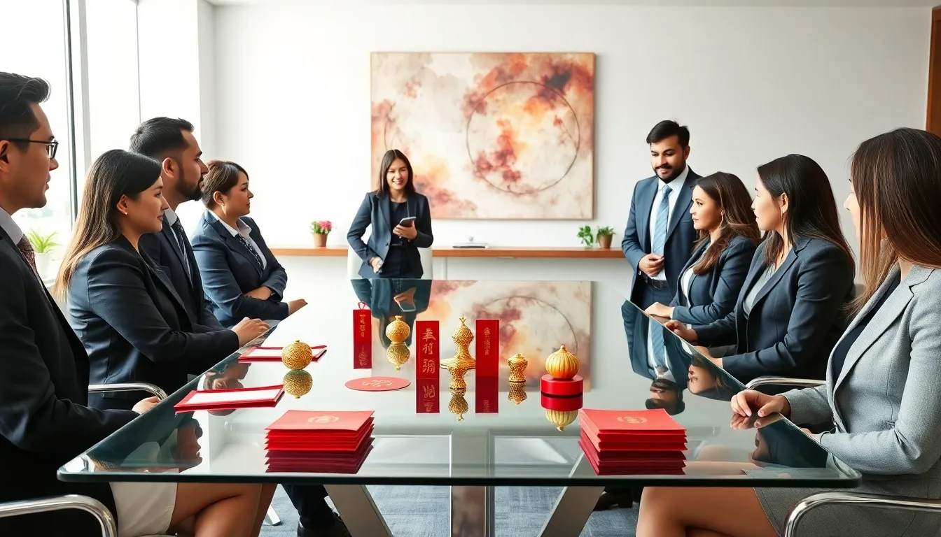 diverse professionals discussing Chinese luck in a modern office.