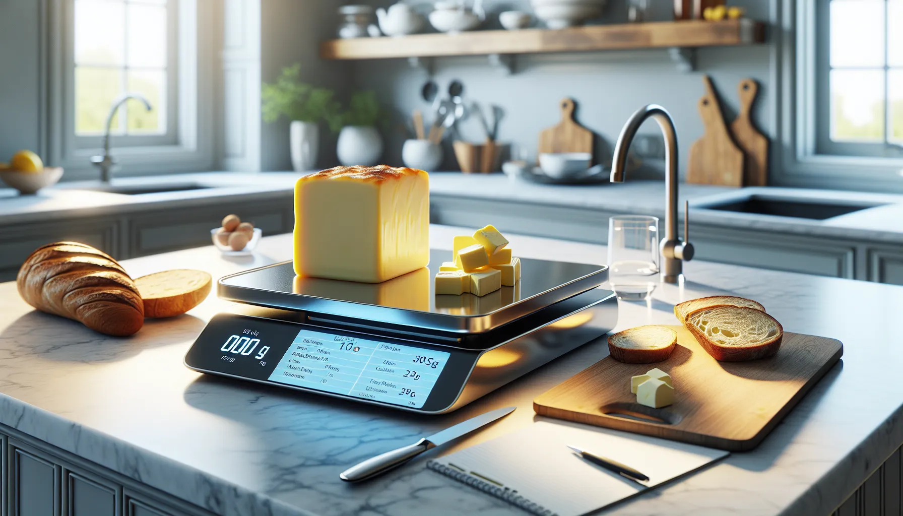 Butter on a kitchen scale with nutrition facts tablet nearby.