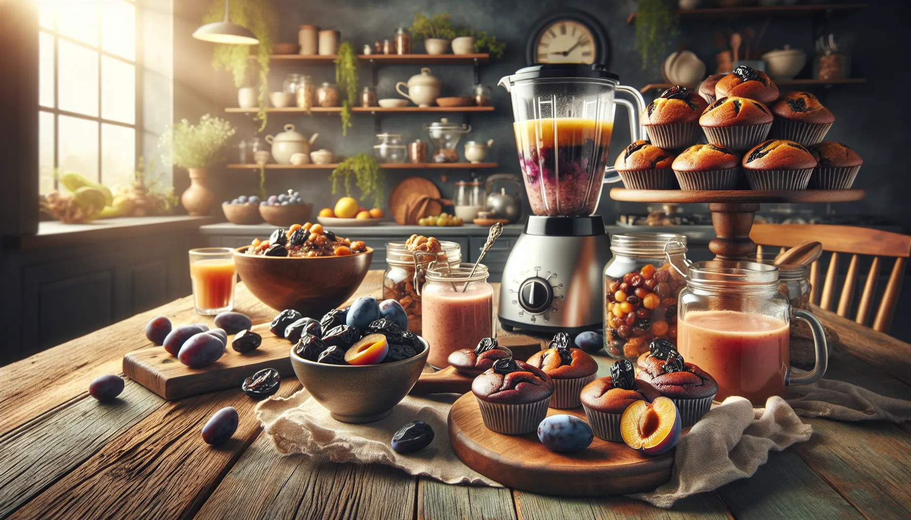 variety of dishes showcasing prunes in a warm kitchen setting.