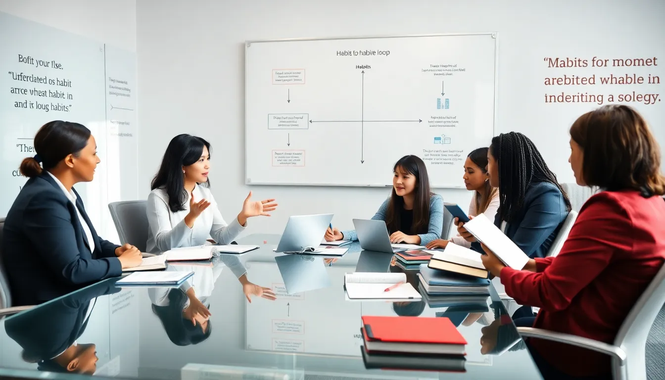 diverse professionals discussing habit formation in a modern office.