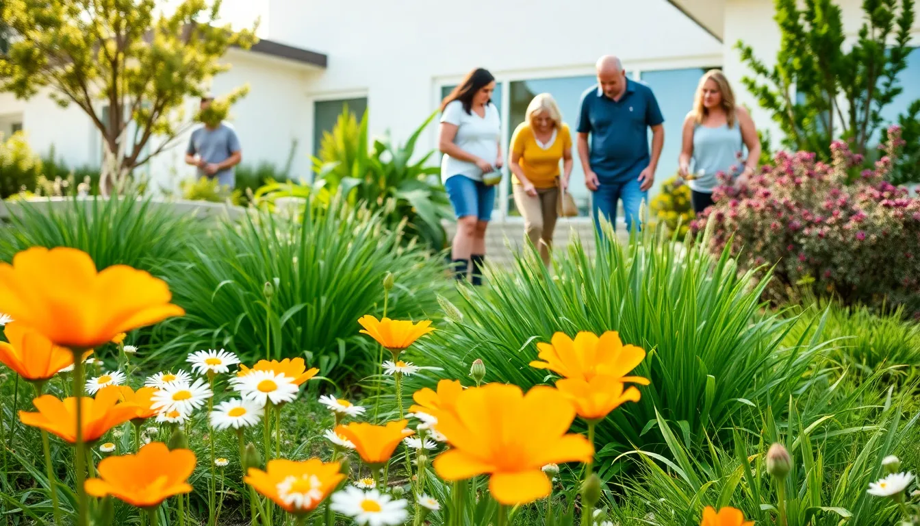 A diverse group gardening with vibrant California native plants.