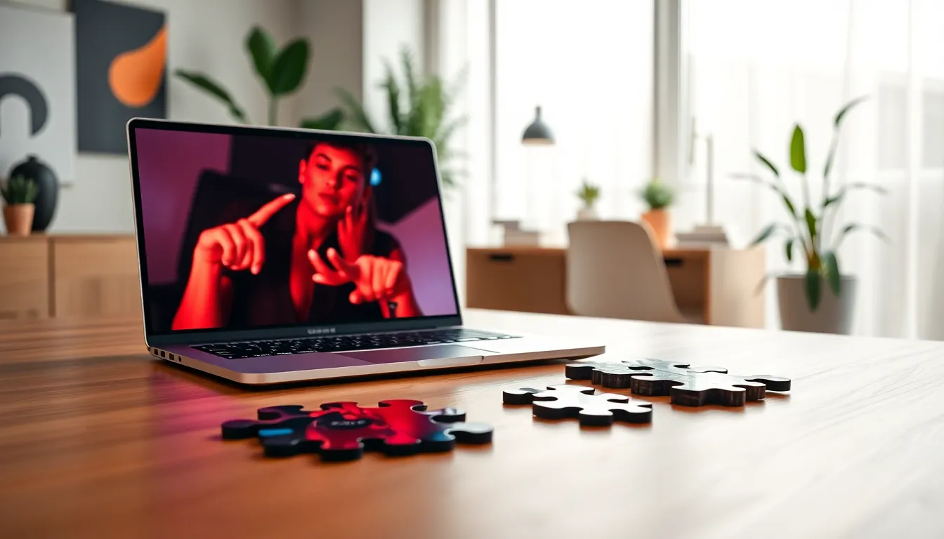 a modern office with a laptop displaying an nsfw puzzle game.