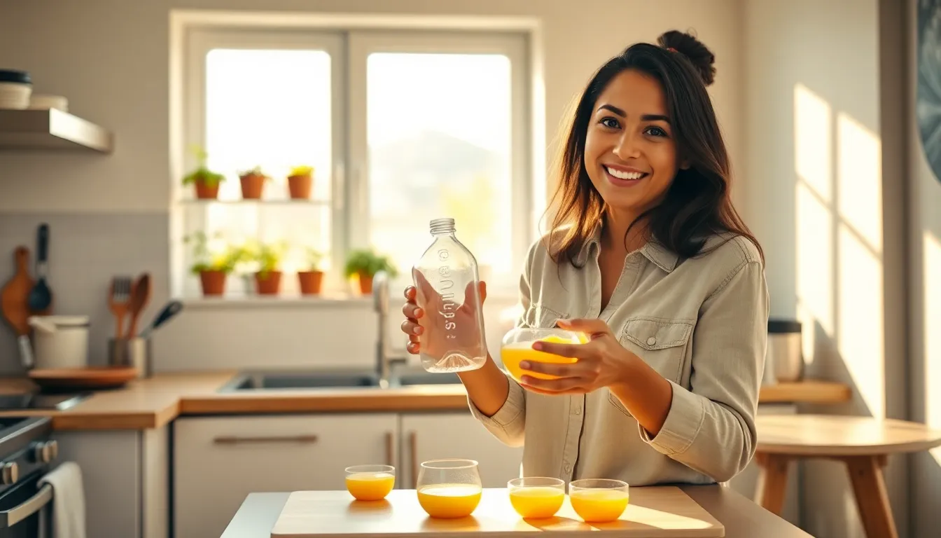 A woman demonstrating a kitchen life hack using a plastic bottle.