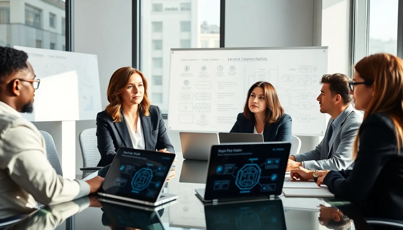 Stacy Klinger leading a diverse team discussion in a modern office.